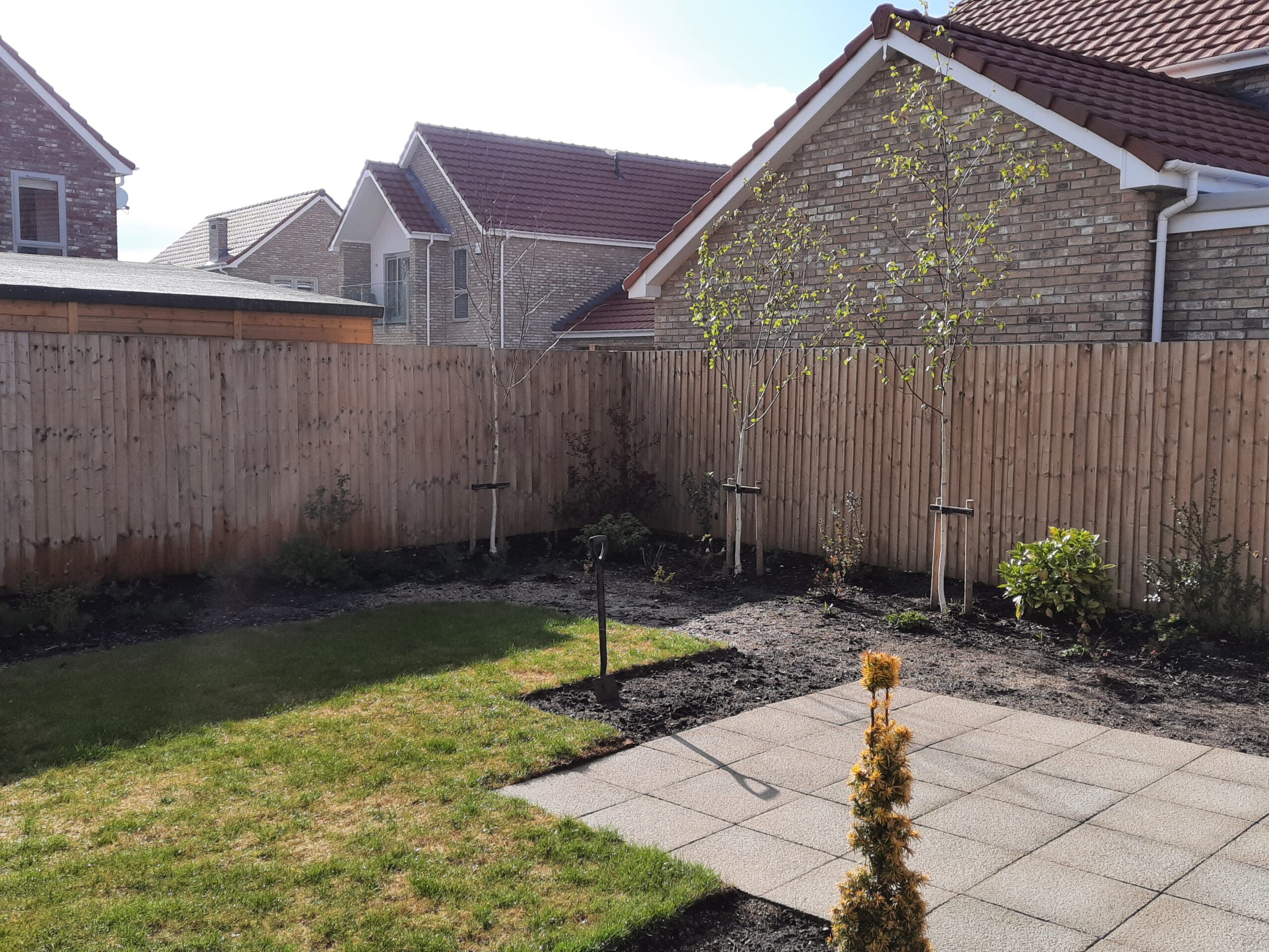 A bare, uninspiring garden before mature planting.